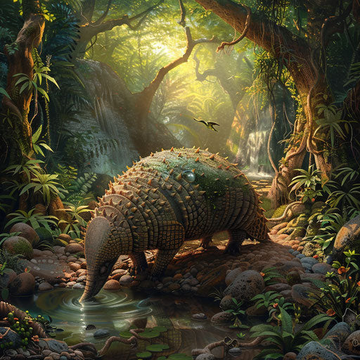An armadillo drinking in a crystal-clear stream in a lush forest