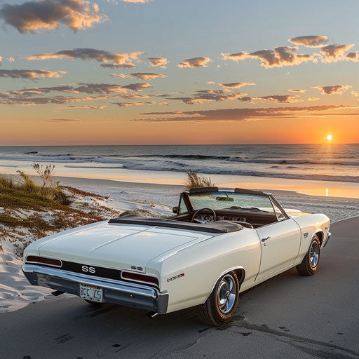 1969 Chevrolet Chevelle SS convertible on beach at sunset