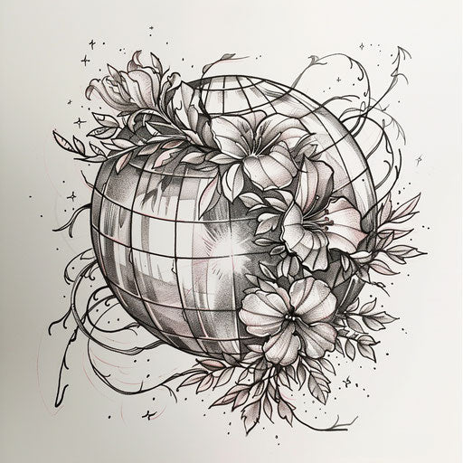 Botanical disco ball tattoo sketch with flowers and vines