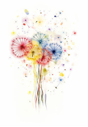 Colorful explosions anime style, tattooed dandelions, white background