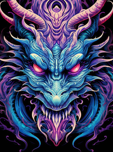 Blue and purple dragon, frenetic line work, black and pink