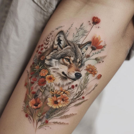 Wildflower tattoo with wolf, earthy tones, dynamic pose, nature scene