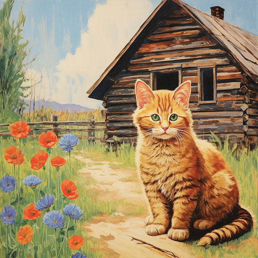 Cat sitting in front of a log cabin