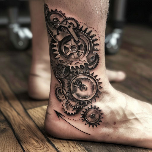 Ankle tattoos in Adrian Smith style with steampunk gears
