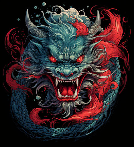 Chinese dragon with black hair and dragon head tattoo
