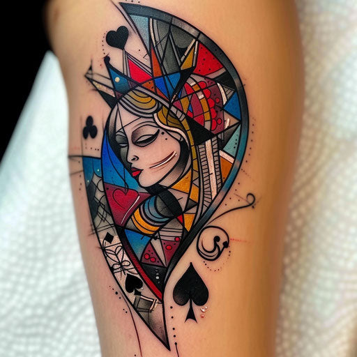 Queen of spades tattoo in colorful stained glass style