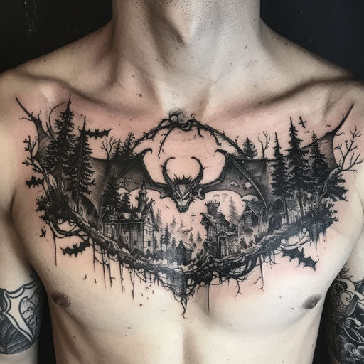 Dark and gothic collarbone tattoo with sinister creatures