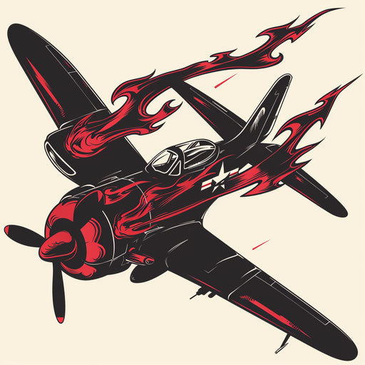 Heroic flat tattoo sketch of a fighter plane with bold red and black flames, clipart design