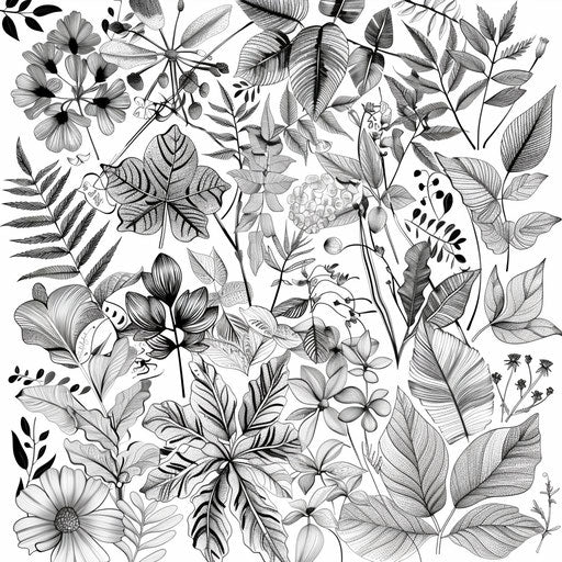 Botanical linework, various leaves and flowers on white backdrop