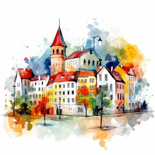 Town illustration in the style of Impressionistic Art