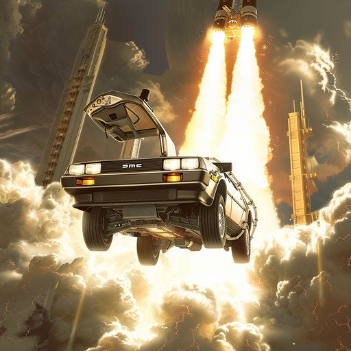 Space launch of the 1981 DeLorean DMC-12 with boosters