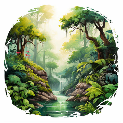 Rainforest clipart in the style of oil painting, on white background