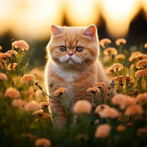 Exotic shorthair cat in field of flowers