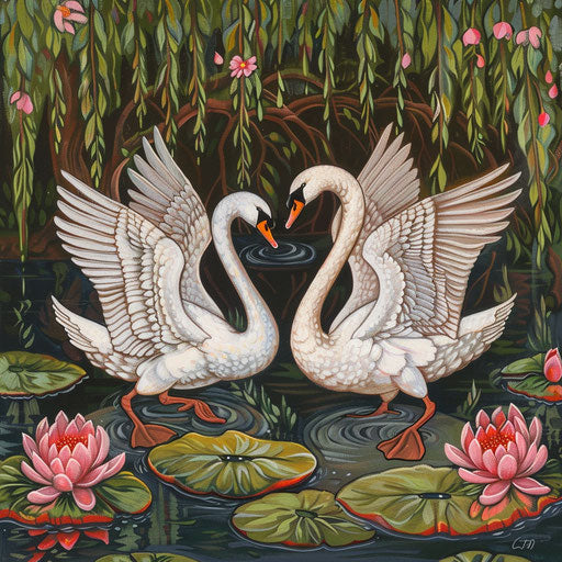 Courtship dance of swans on a secluded lake