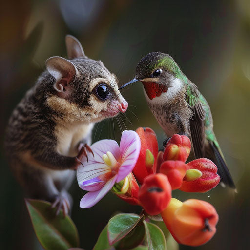 Friendship between a sugar glider and a hummingbird on a flower