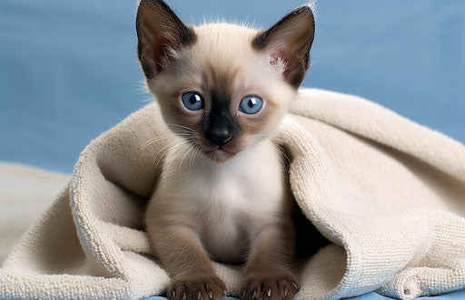 Siamese kitten sitting on a white blanket