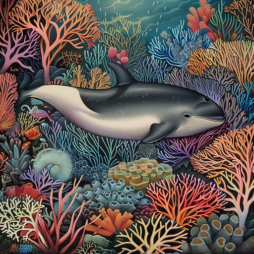 A solitary vaquita porpoise navigating through coral reefs teeming with colorful marine life.