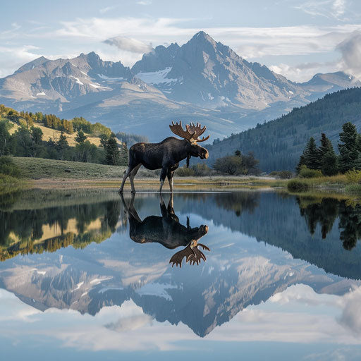 Majestic moose reflecting in calm alpine lake waters