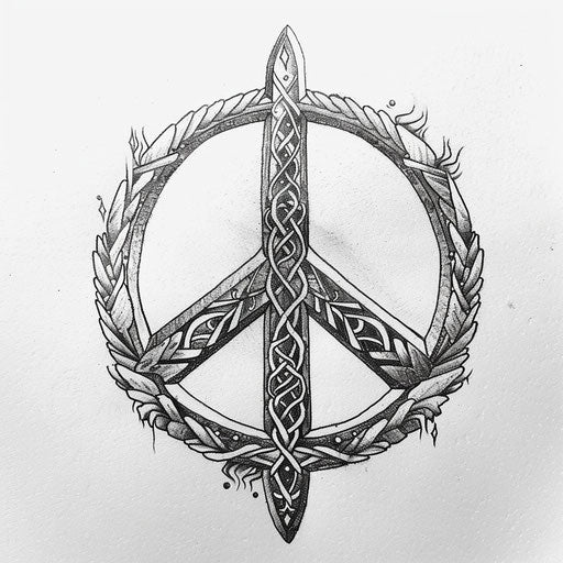 Traditional peace tattoo sketch with detailed peace sign adorned with tribal patterns in black ink