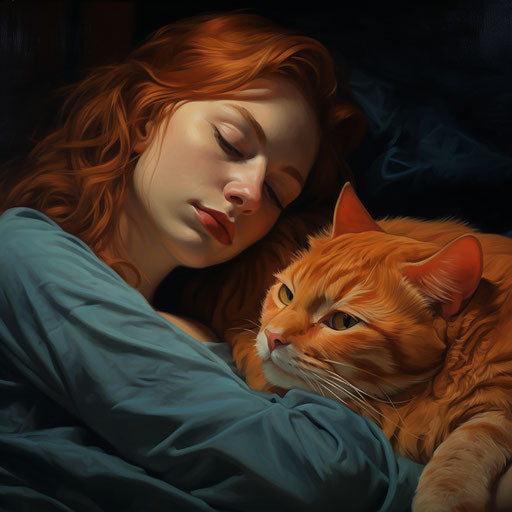 Orange cat sleeping on a couch with its owner
