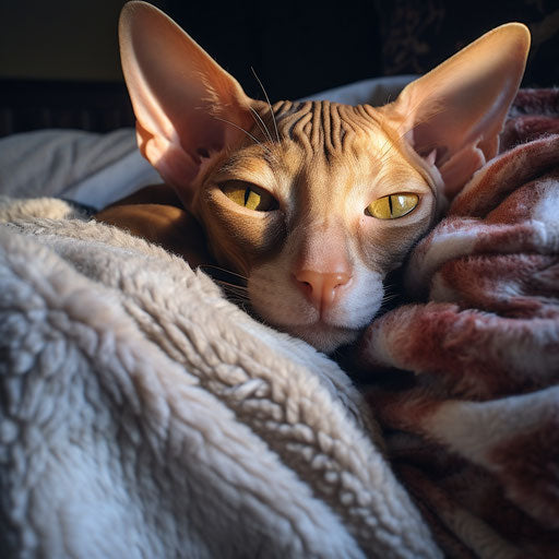 Cornish rex cat asleep on a couch with its owner