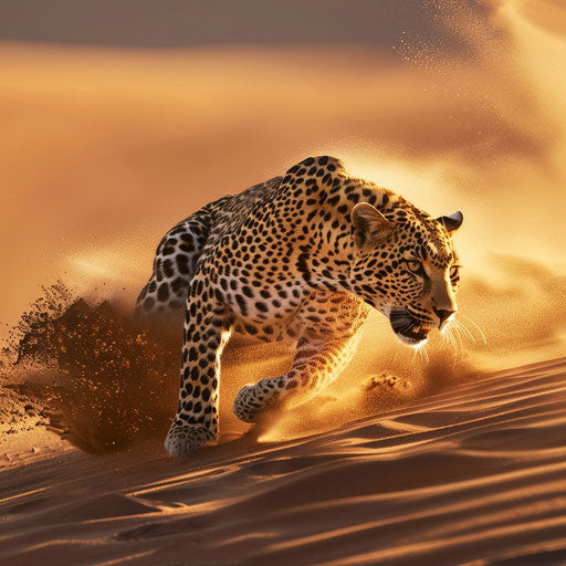 Leopard chasing prey in sandy desert at dawn
