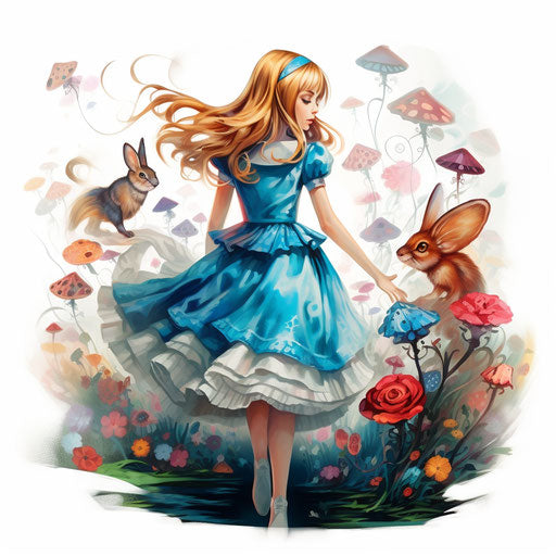 Alice in wonderland clipart in the style of Impressionistic Art, on a white background
