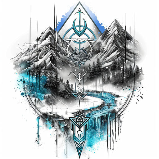 Sleek flat tattoo sketch of runes with mountain landscapes in blues and silvers