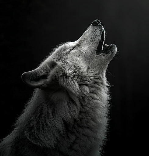 howling wolf in black and white, strong facial expression