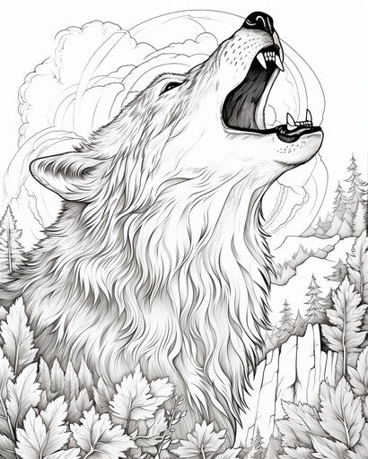 Howling wolf coloring drawing, art nouveau style
