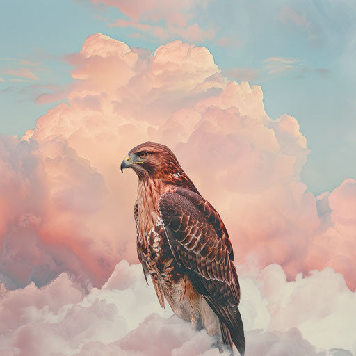 Red hawk bird in a surreal and dreamy sky