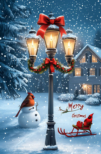 Winter scene with decorated street lamp and lit candles