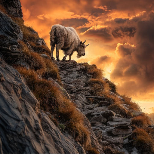 Yak climbing steep rocky trail with sky turning orange
