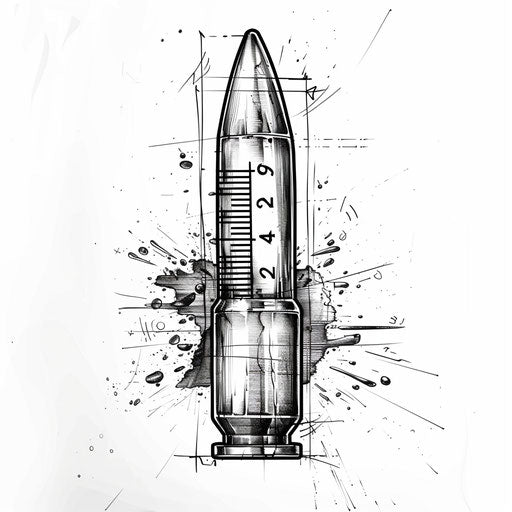 Flat tattoo sketch of a bullet with bold stencil numbers and marks