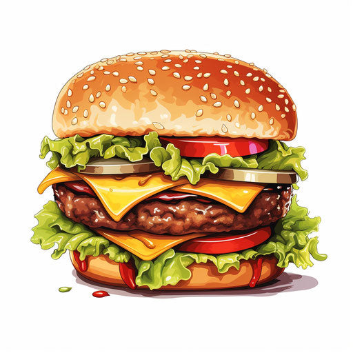 Cheeseburger clipart in the style of Chiaroscuro Art, on a white background