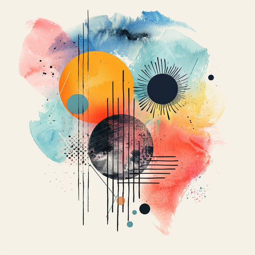 Top logo design with hand-drawn elements and colorful palette, on watercolor background