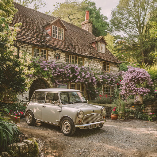Vintage 1980 Mini Cooper next to quaint English cottage in lush garden.