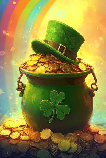 St. Patrick's Day scene with pot of gold and rainbow
