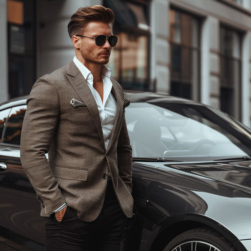 Businessman next to luxury car, radiating success and confidence in stylish backdrop