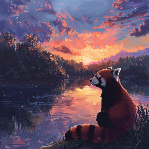 Red panda enjoying a peaceful sunset by a serene lake