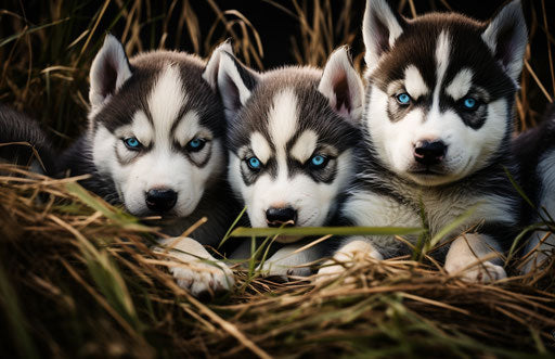 Husky puppies lying in grass surrounded by a dark and stylized landscape