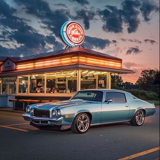 1976 Malibu Classic restomod with modern technology and vintage style, parked outside a classic diner.