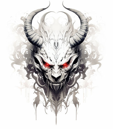 Black white devil tattoo on white background, fluid lines, screen print