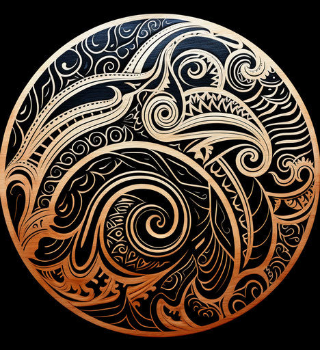 Black on white tribal style tondo image, art deco