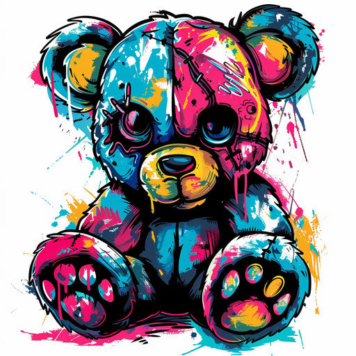 Teddy bear tattoo in pop art style, bright colors on white background