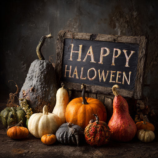Festive Halloween Still Life with Gourds and Decoration