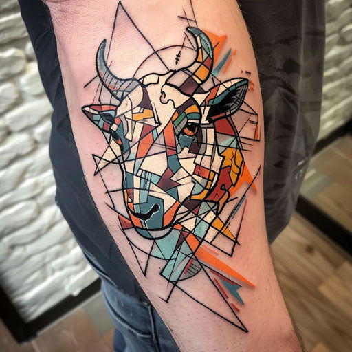 Abstract flat tattoo sketch with sheep in colorful mosaic
