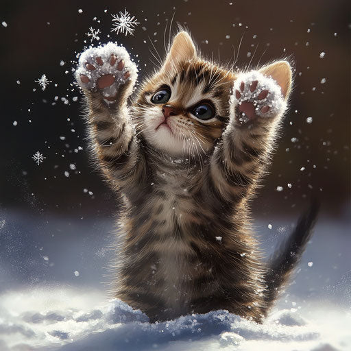 Playful kitten in snowy scene, catching falling snowflakes
