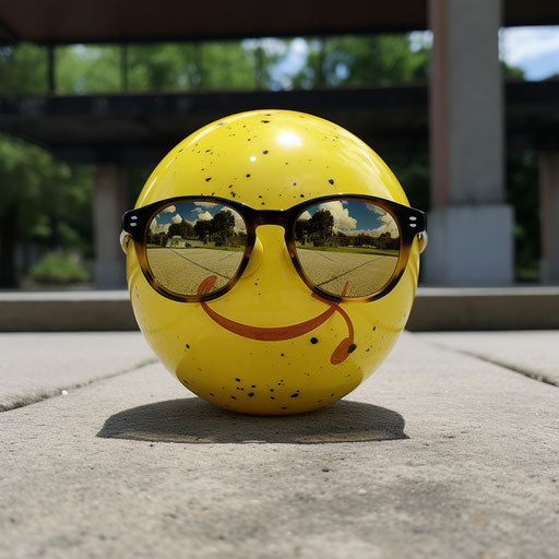 Bright yellow ball with sunglasses in the yard