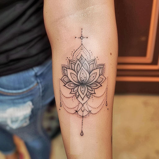 Sketch of a blooming lotus flower tattoo with delicate mandala designs for a women's wrist cover-up tattoo